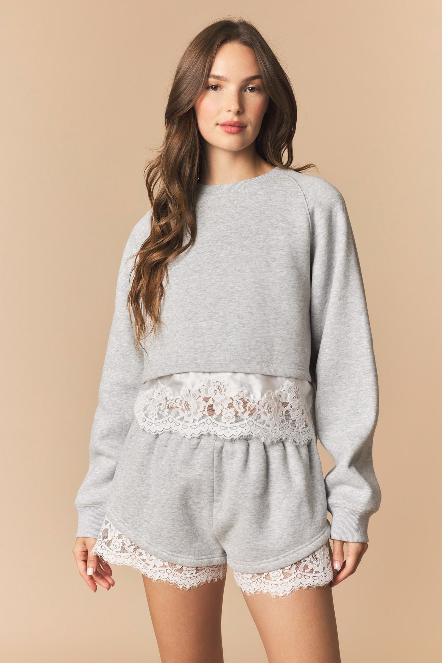 Heather Grey Terry & Lace Sweatshirt/Shorts Set (Reg.)
