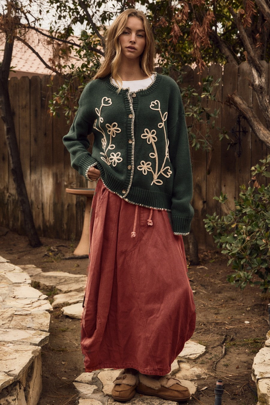 Washed Chili Denim Balloon Maxi Skirt (Reg & Plus)