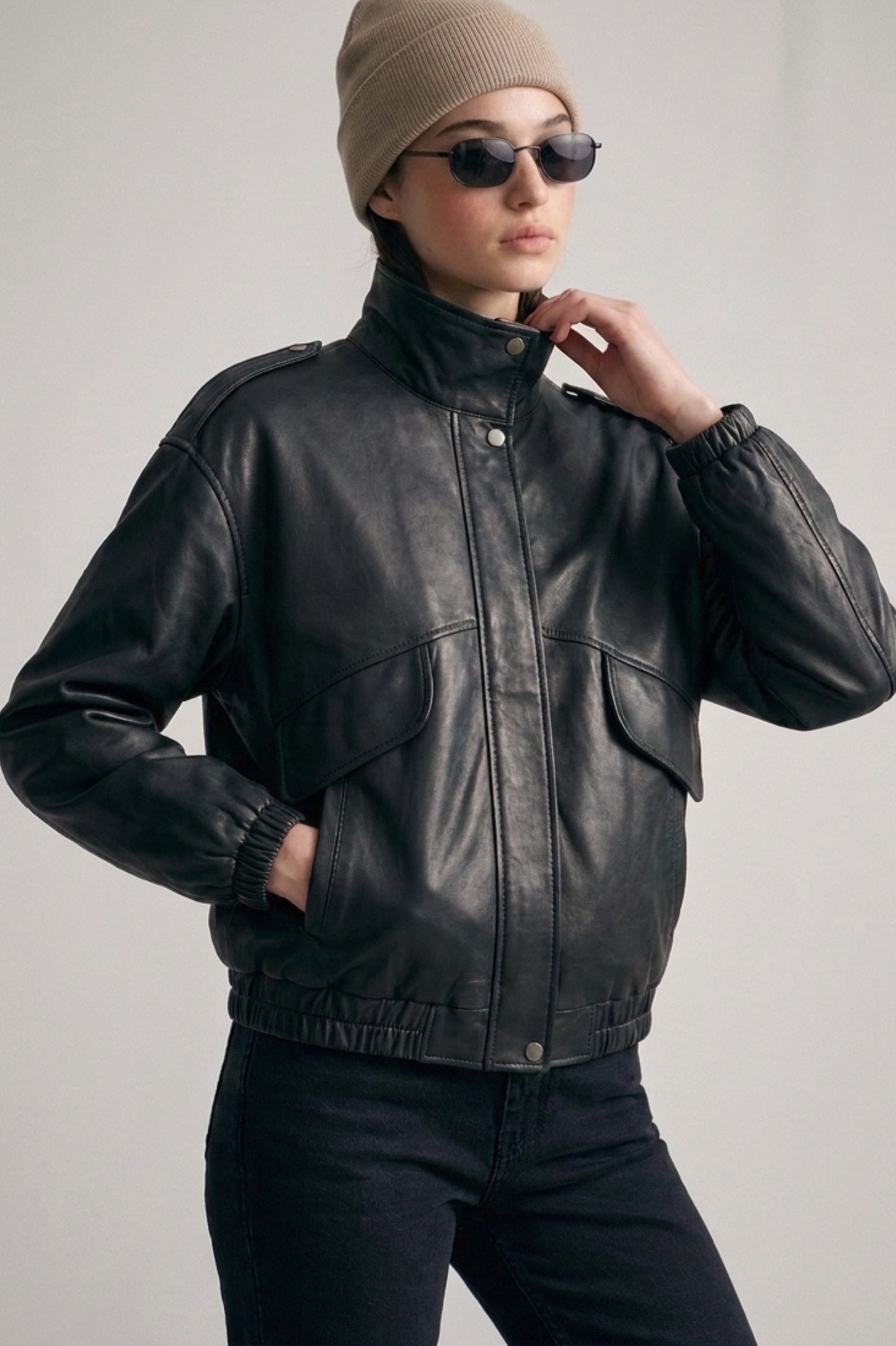 Black Faux Leather Zip Up Bomber Jacket (Reg.)