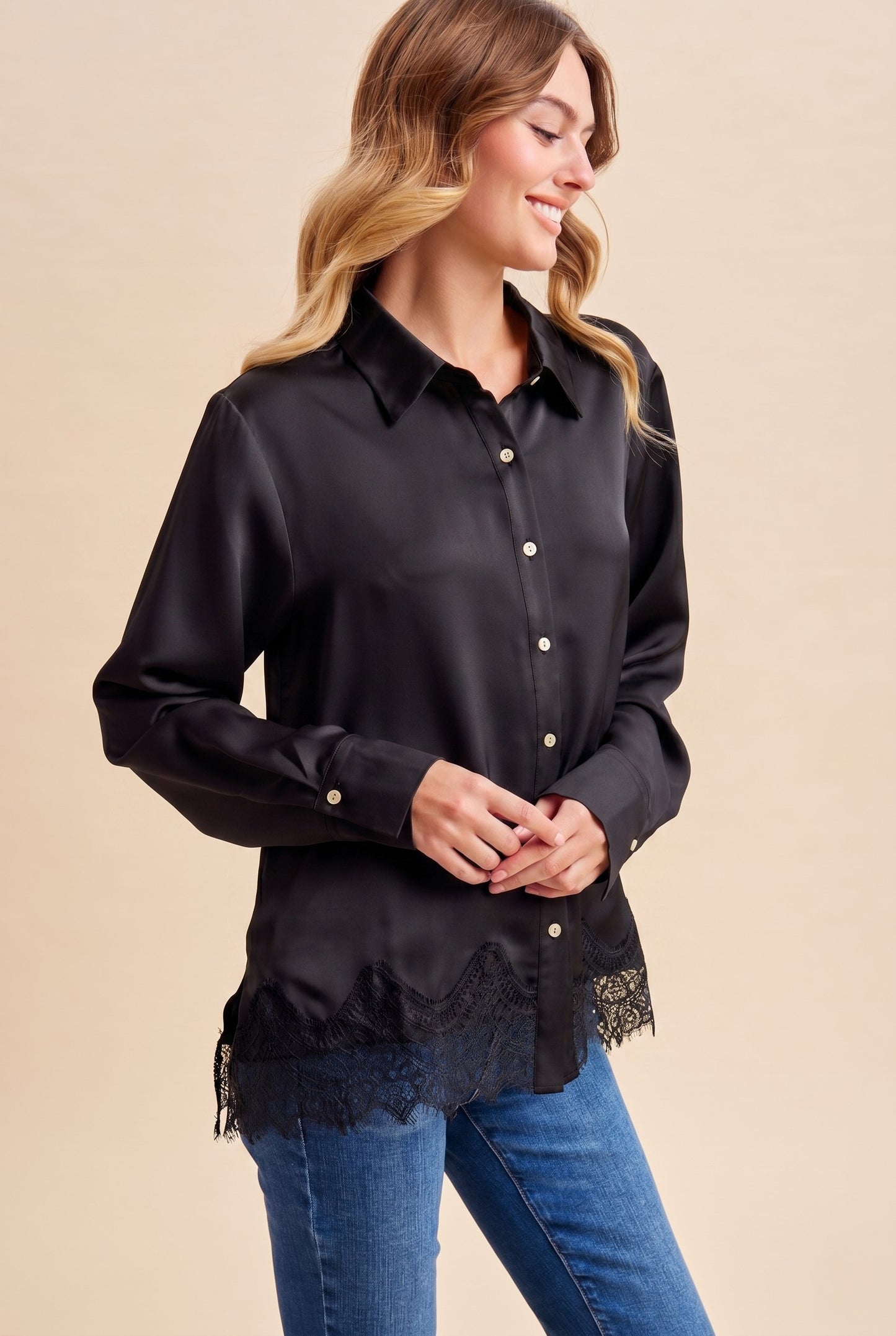 Satin Sensation Lace Hem Blouse (Reg.) - 2 Colors