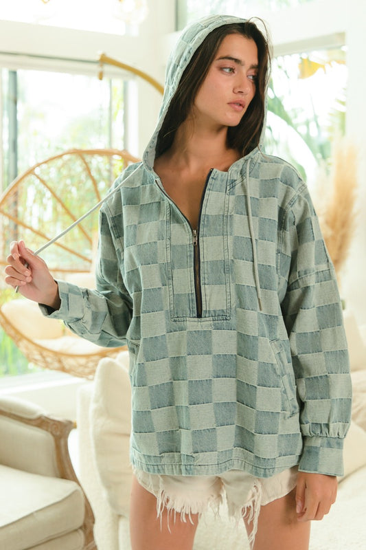 Washed Checkered Denim Hoodie Top (Reg)