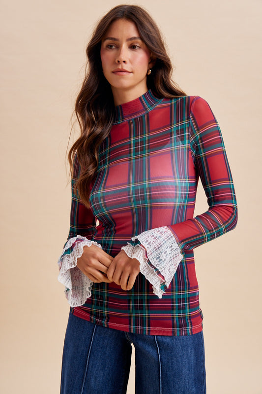 Red Plaid Lace Cuffs Mesh Top (Reg.)