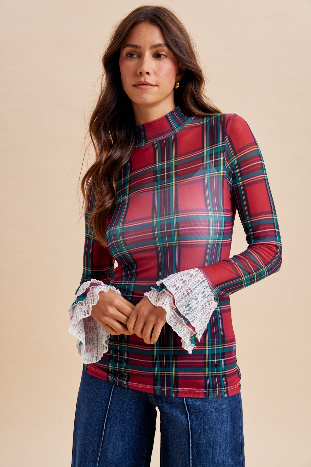 Red Plaid Lace Cuffs Mesh Top (Reg.)