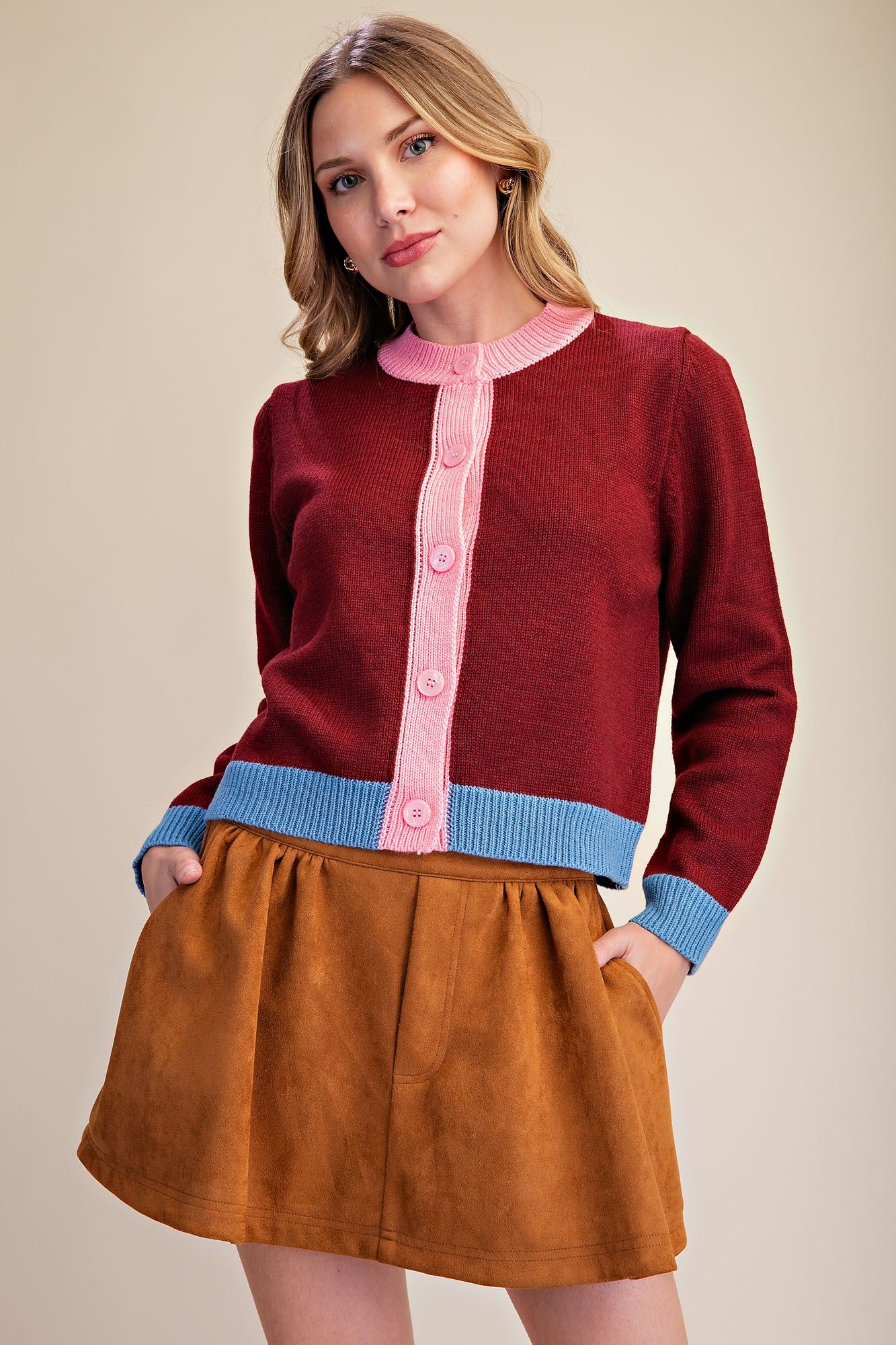 Burgundy Combo Button Up Sweater Cardigan (Reg.)