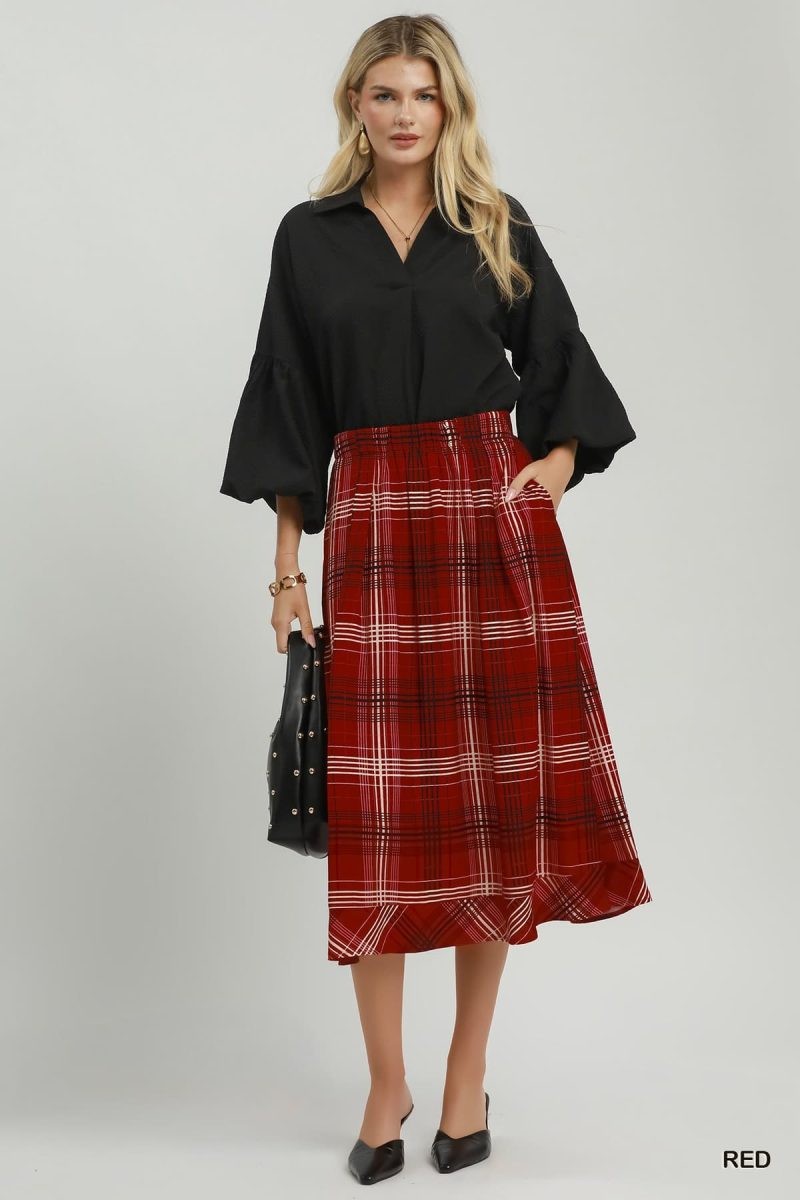 Plaid Pull On Gathered Midi Skirt (Reg.)