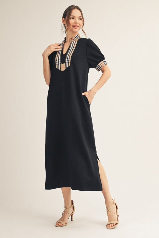Black Contrast Check Plaid Midi Dress (Reg.)