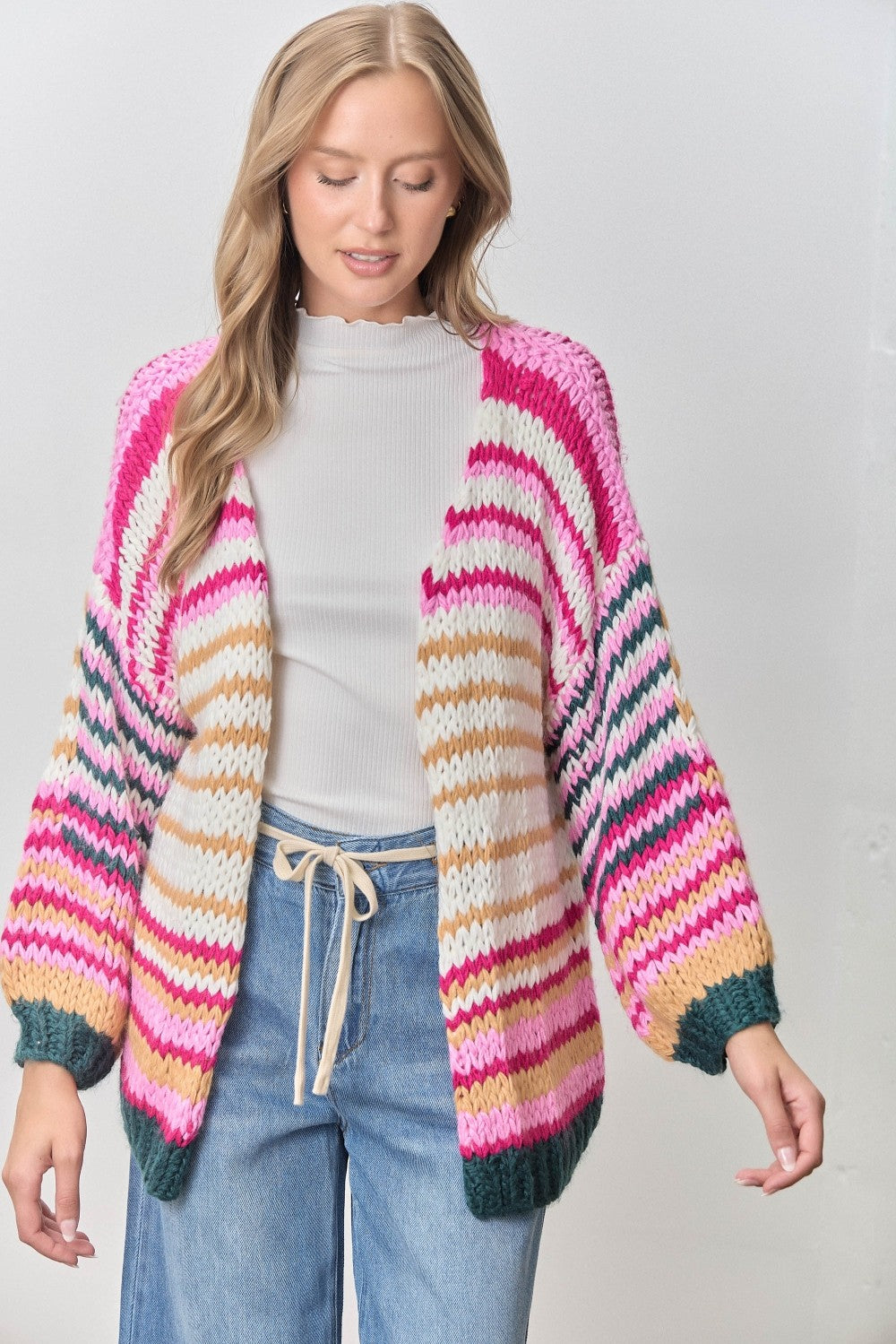 Pink Multi Chunky Striped Sweater Cardigan (Reg & Plus)