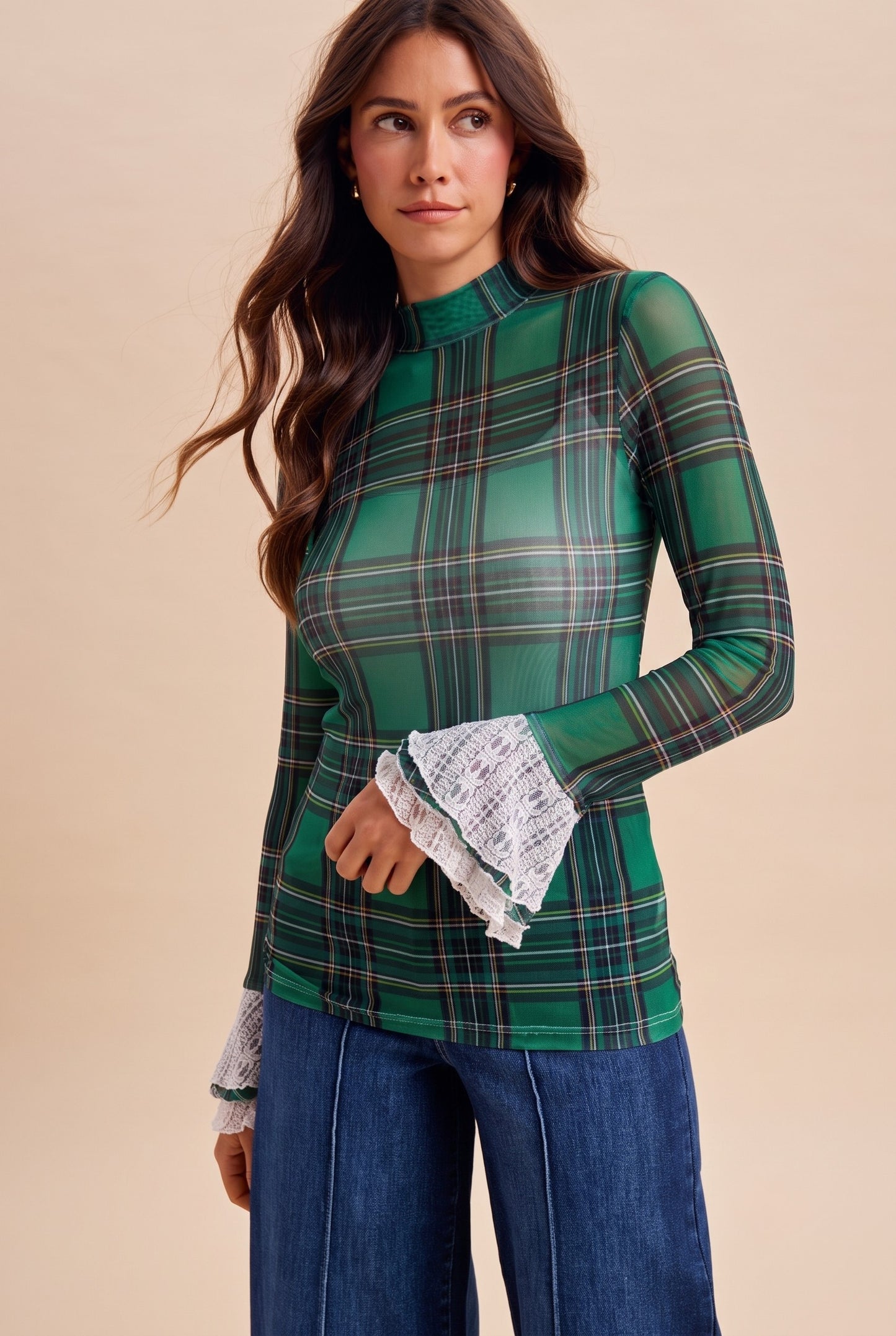 Green Plaid Lace Cuffs Mesh Top (Reg.)