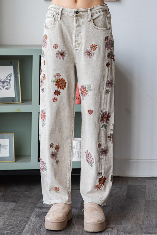 Oli & Hali Grey Floral Embroidered Jeans (Reg.)
