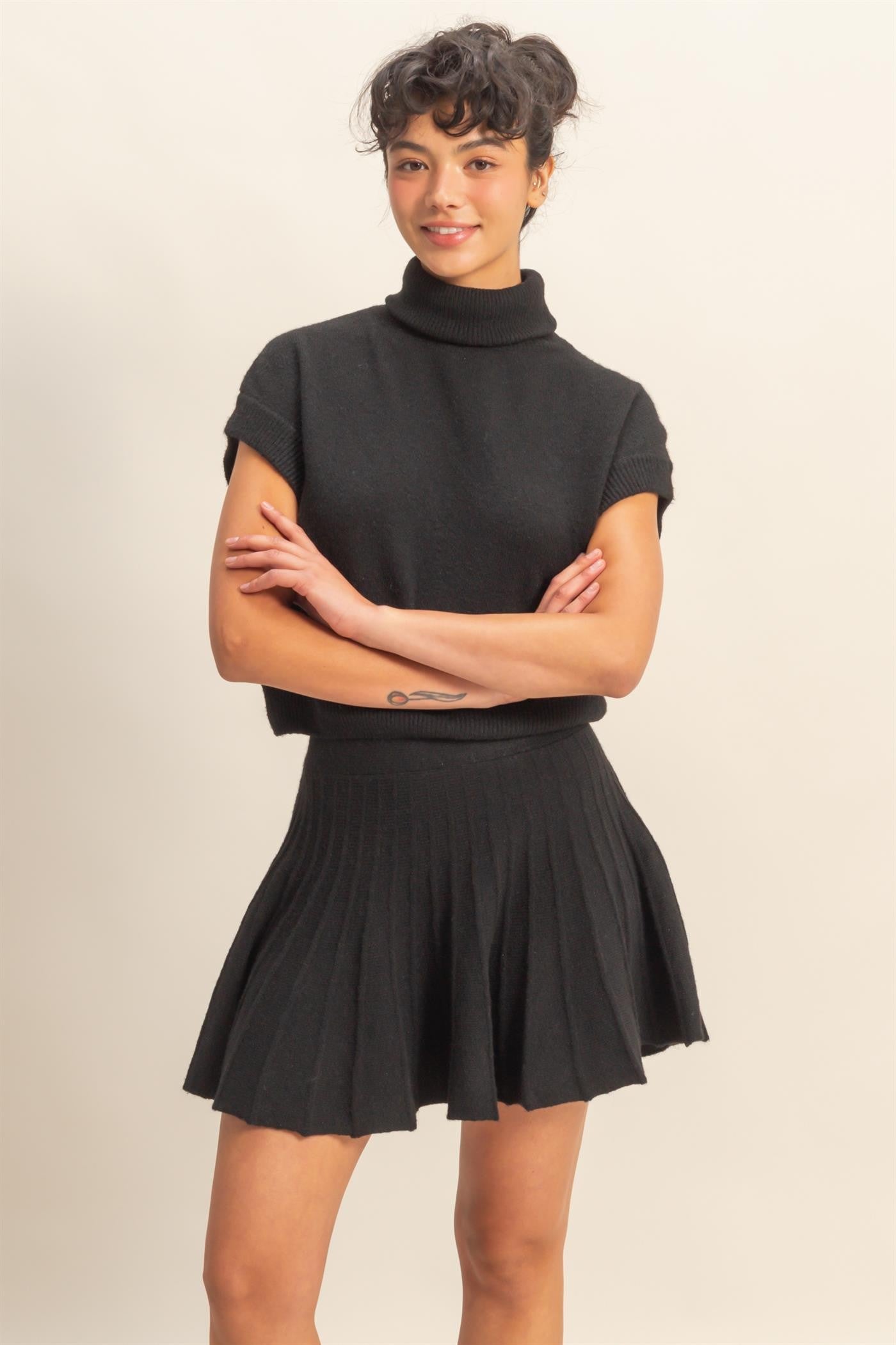 Black Turtleneck Sweater & Pleated Mini Skirt Set (Reg.)