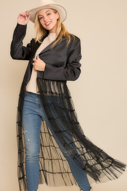 Black Satin Sheer Maxi Hem Blazer (Reg & Plus)