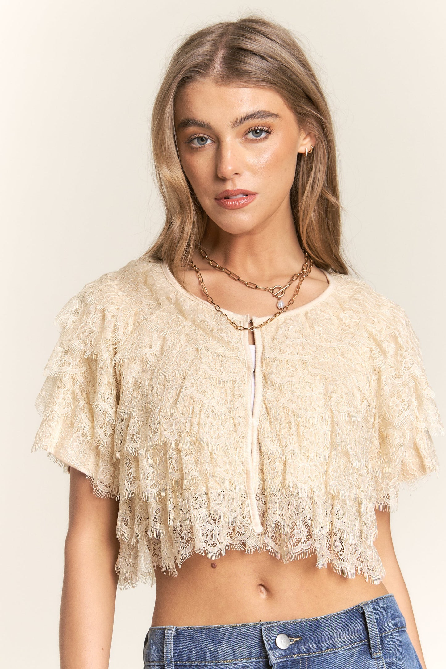 Almond Butter Lace Shawl Top (Reg & Plus)
