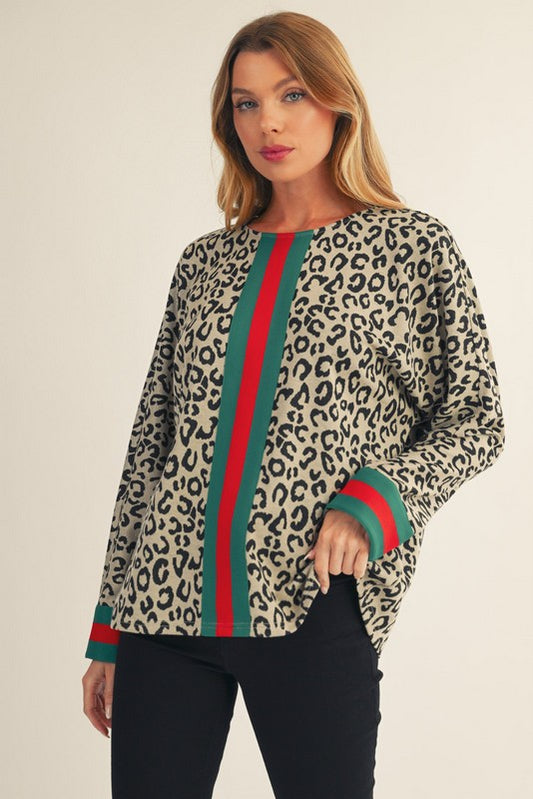 Oatmeal Leopard Contrast Band Blouse (Reg.)