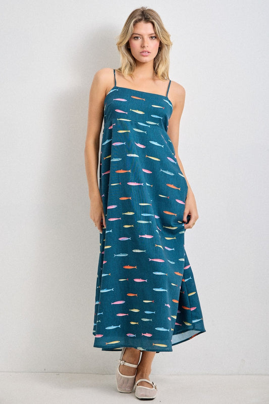 Teal Multi Fish Print Strappy Midi Dress (Reg & Plus)