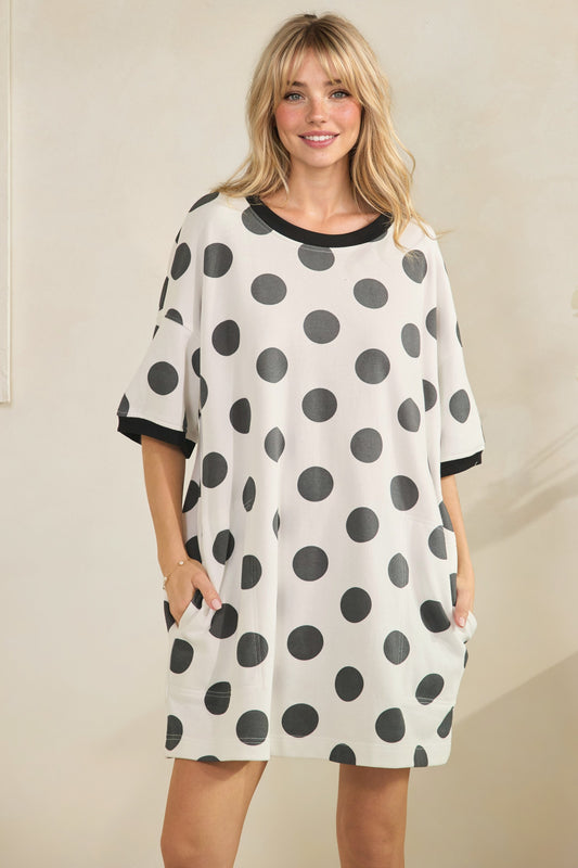 White/Black Polka Dot Oversized Tee Shirt Dress (Reg.)