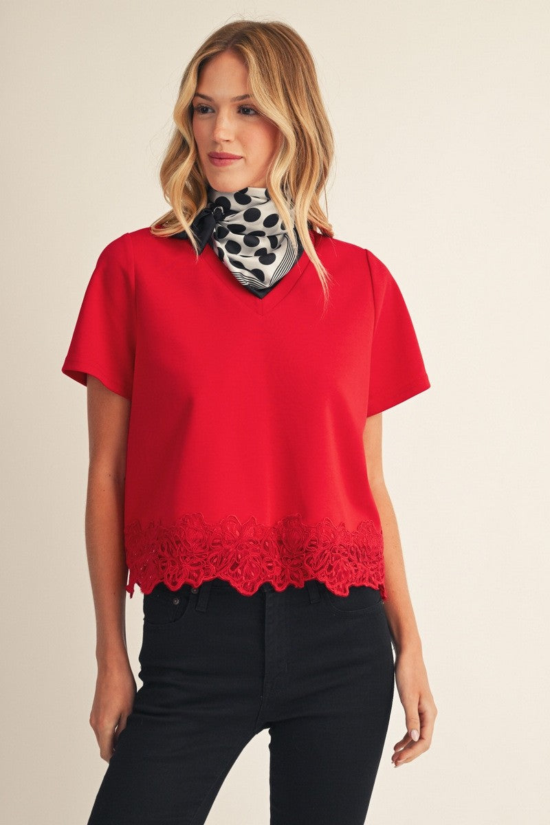 Red Lace Hem Short Sleeve Top (Reg.)