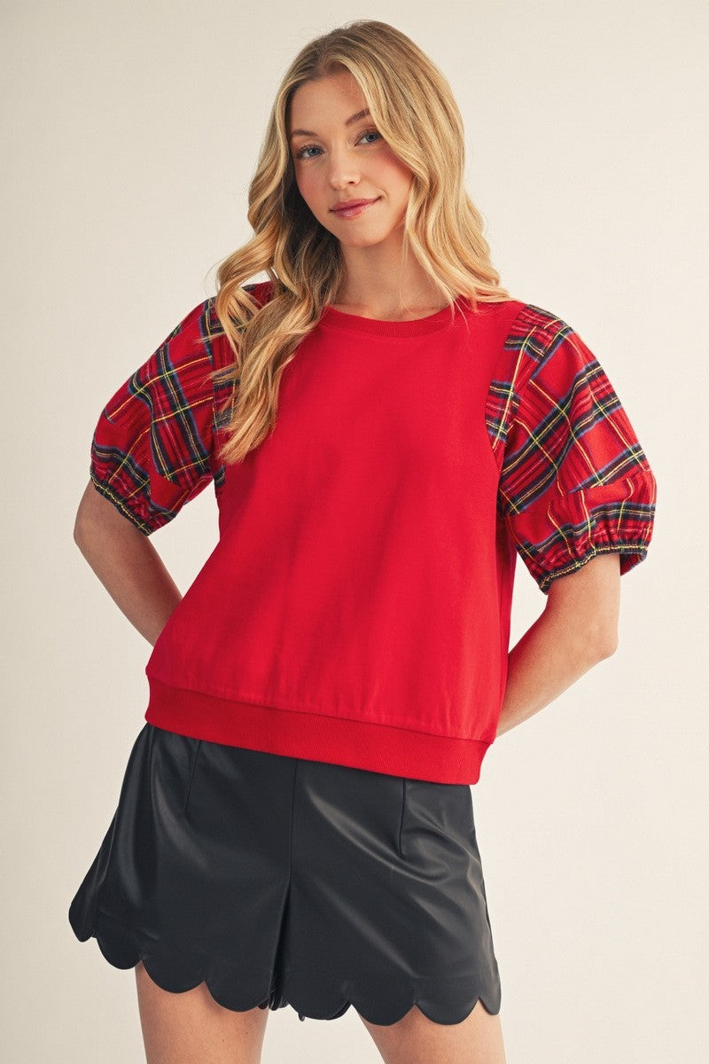 Plaid Puff Sleeve Pullover Top (Reg.) - 2 Colors