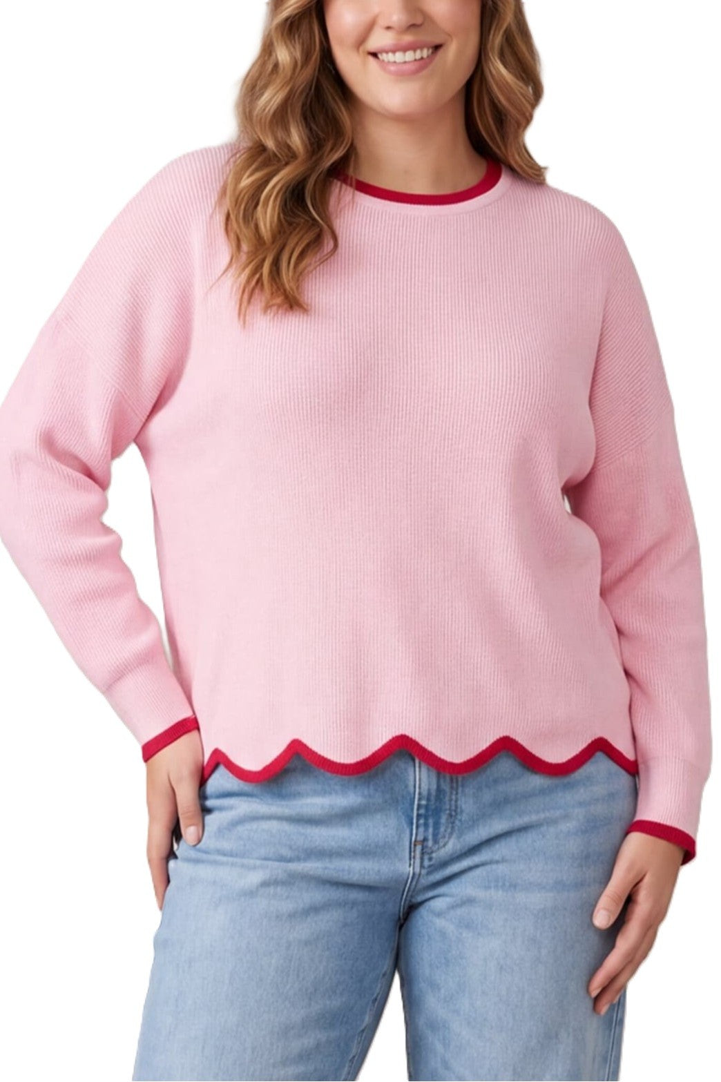 Contrast Trim Scalloped Hem Sweater Top (Reg & Plus) - 2 Colors