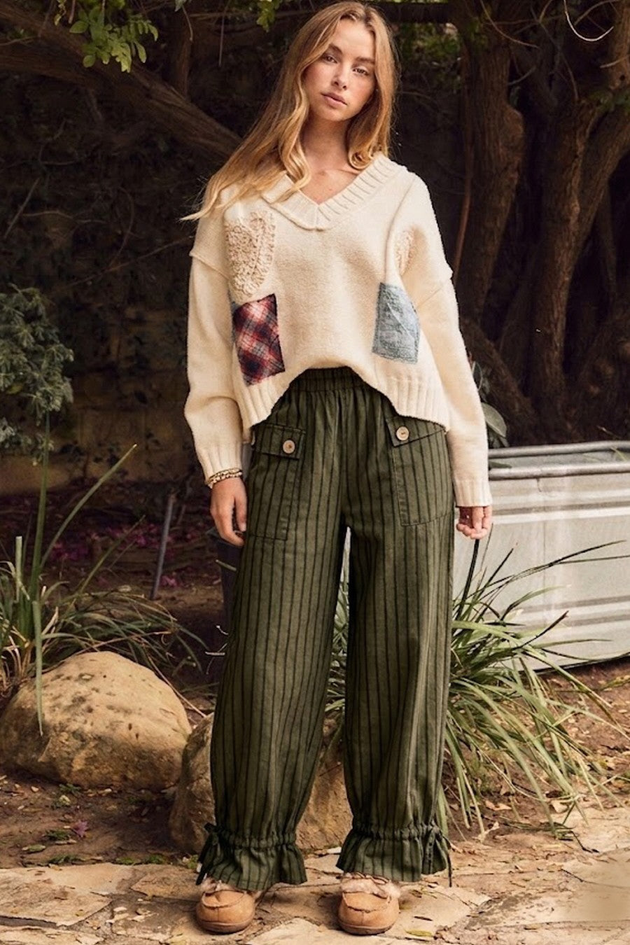 Olive Striped Ruffled Tie Cuff Pants (Reg & Plus)