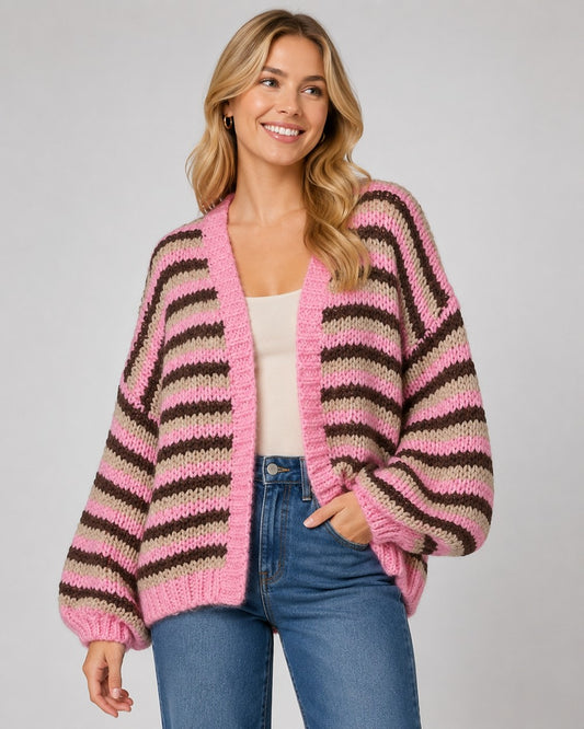 Pink Chunky Striped Open Front Sweater Cardigan (Reg.)