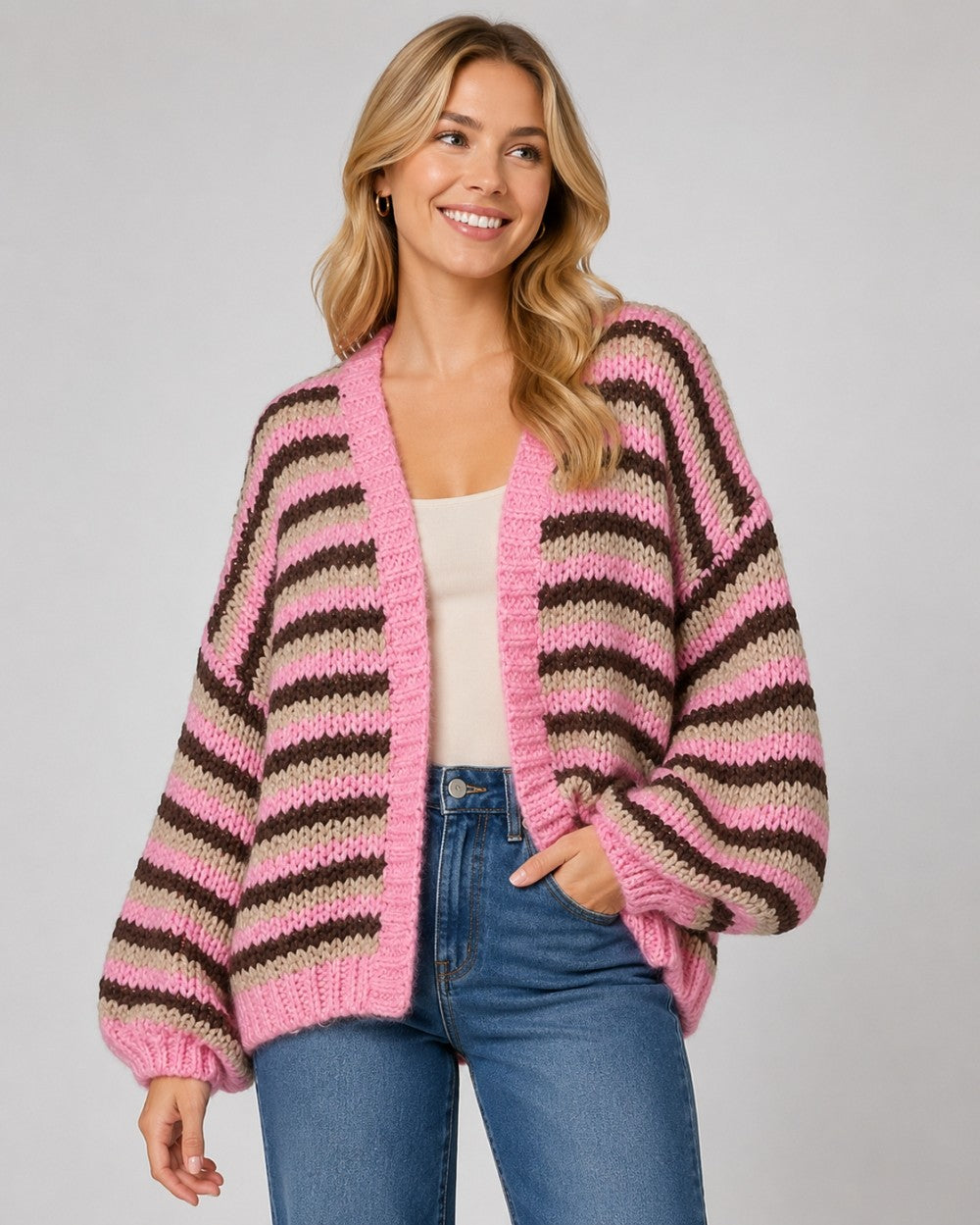 Pink Chunky Striped Open Front Sweater Cardigan (Reg.)