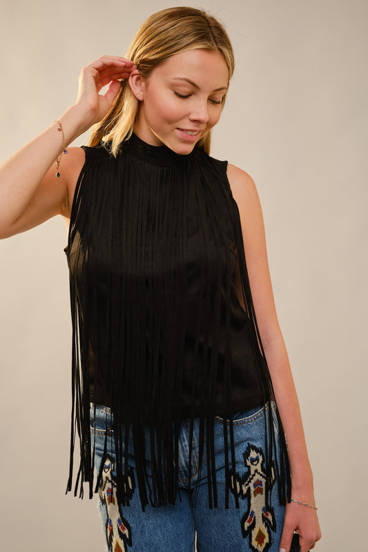 Fringe Suede Mock Neck Top (Reg.)-2 Colors