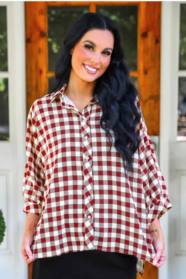 Burgundy Gingham Sloane Button Up Blouse (Reg & Plus)