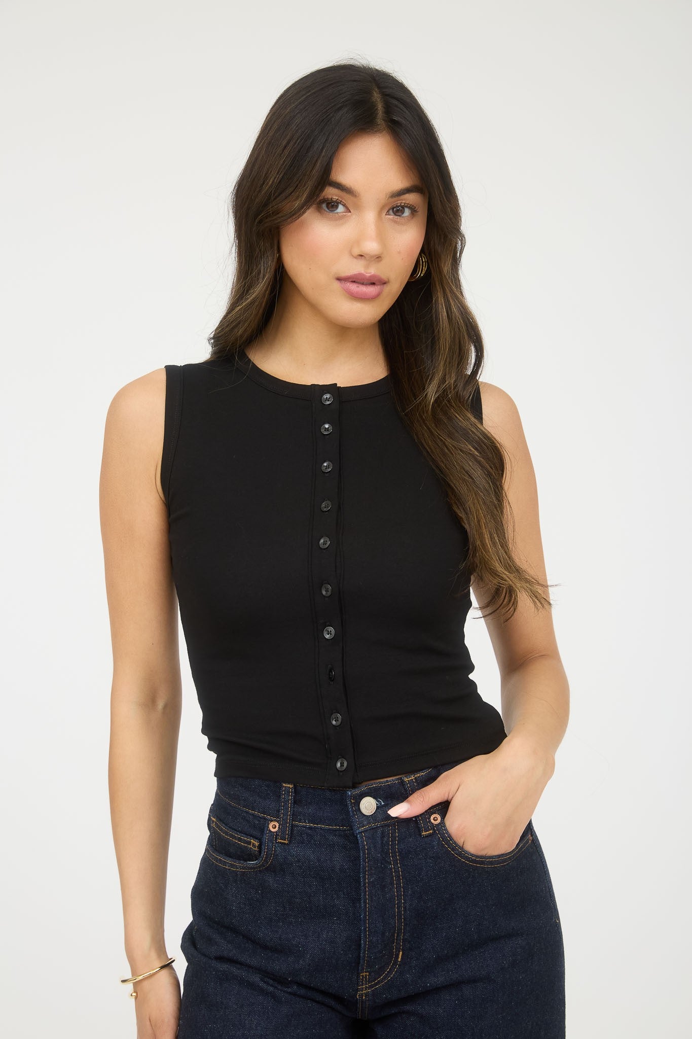 Sleeveless Button Down Knit Top (Reg.)- 4 Colors