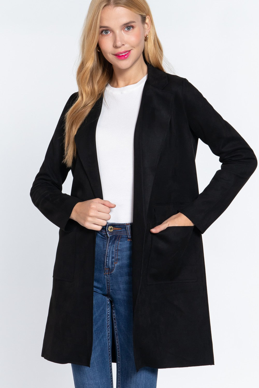 Faux Suede Open Front Longline Jacket (Reg. and Plus)- 3 Colors