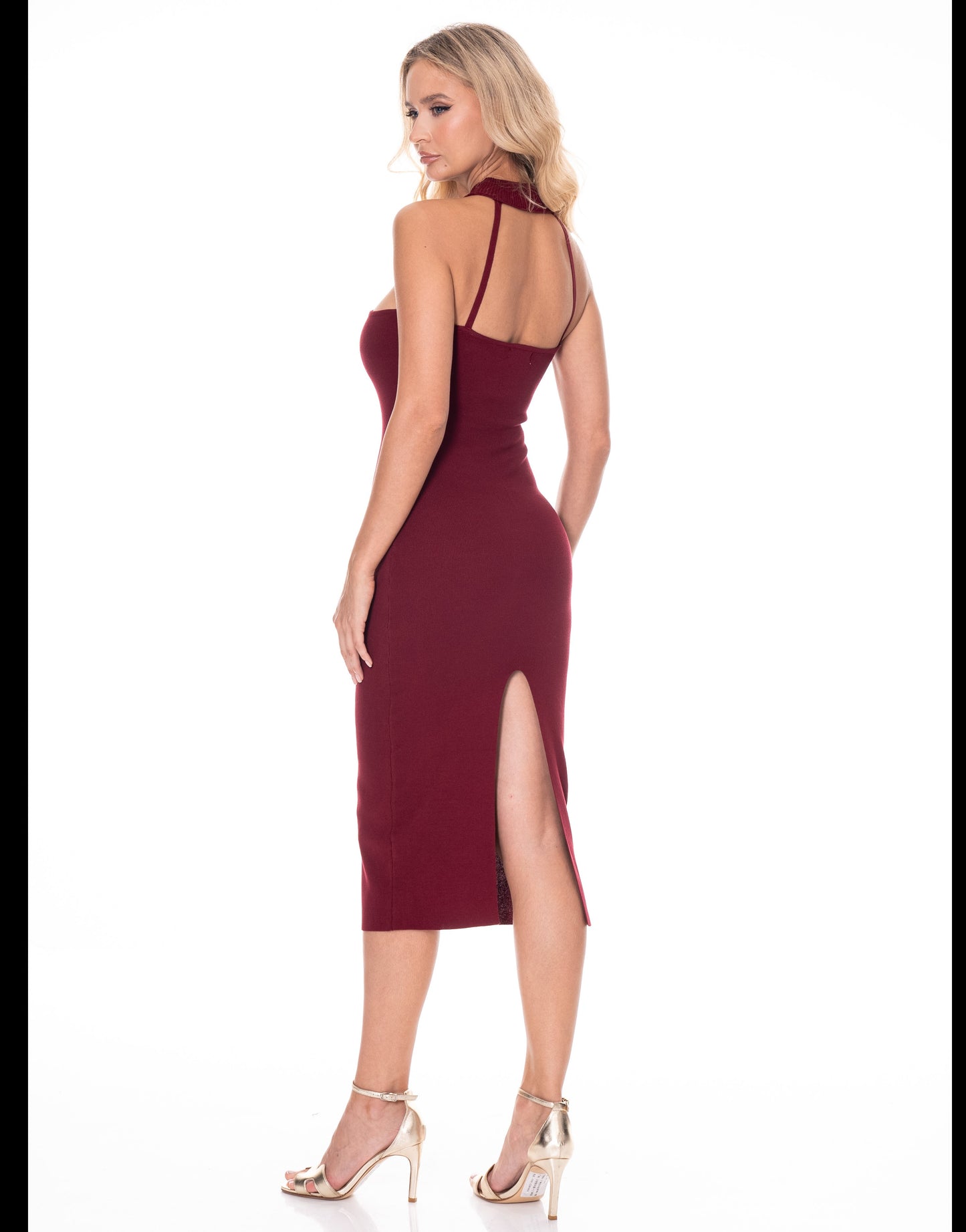 Brown Metallic Teardrop Halter Midi Dress (Reg.)