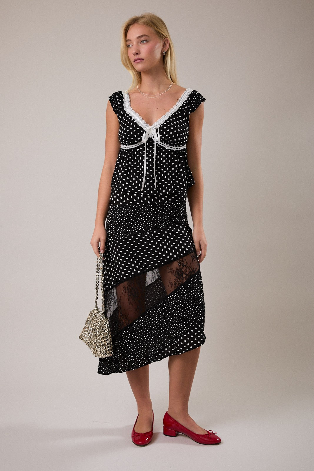 Black/White Polka Dot Asymmetric Midi Skirt (Reg.)