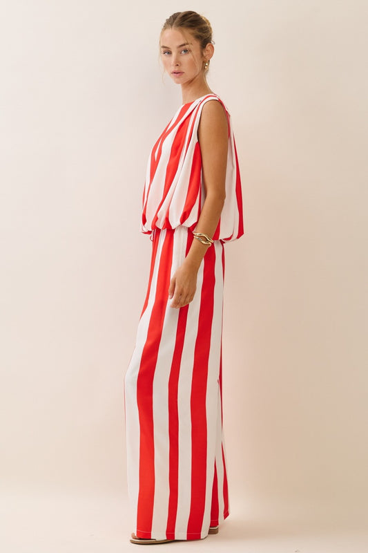 Tomato/White Stripe Top & Pants Set (Reg & Plus)