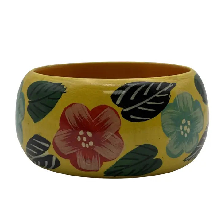 Tropical Hand-Painted Floral Yellow Wood Bangle
